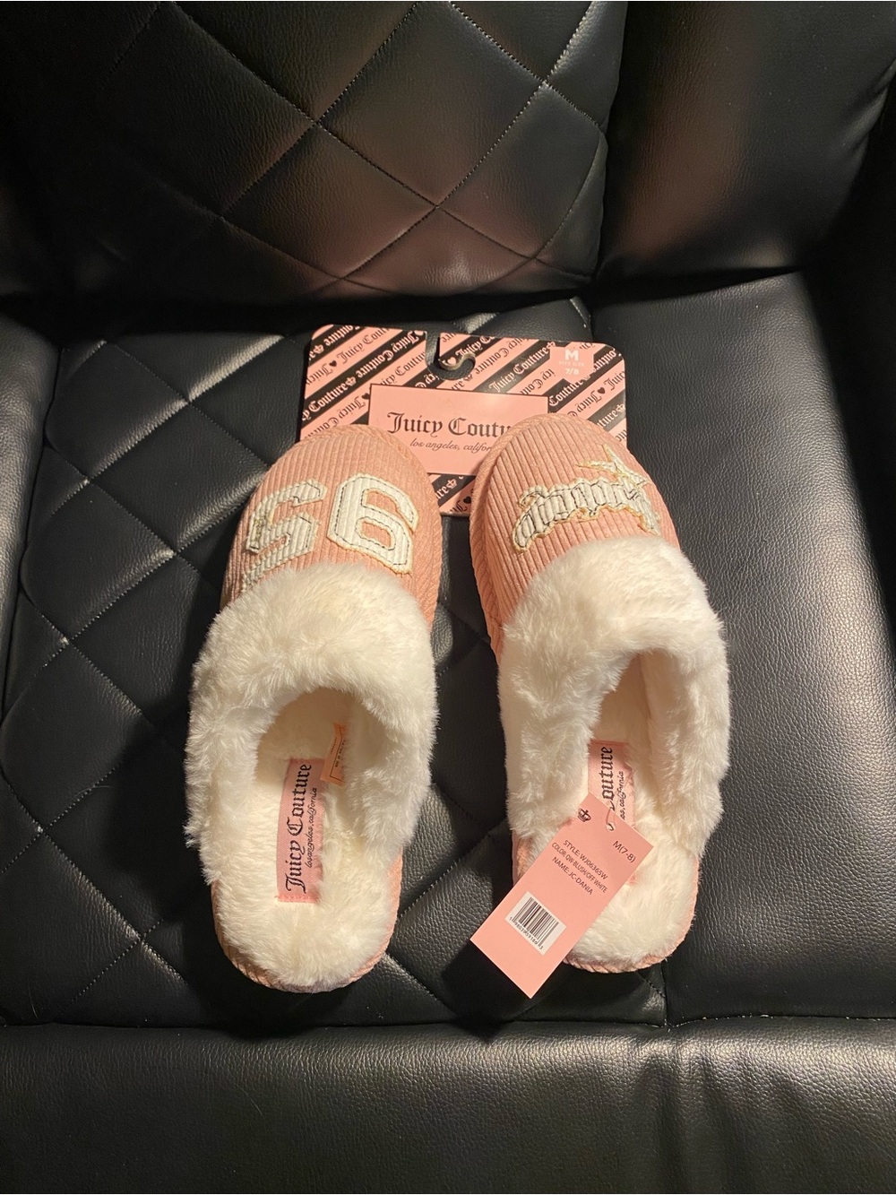 Juicy Couture Pink Corduroy Faux-Fur Slide Slippers